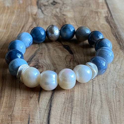 The Maeve: Blue Banded Agate and Freshwater Baroque Pearls Bracelet ~ Final SALE!