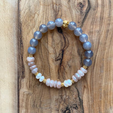 Load image into Gallery viewer, Gray Chalcedony, Peach Moonstone and Freshwater Pearls Bracelet