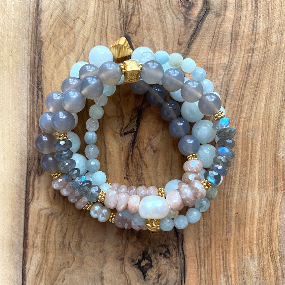 Peach Moonstone, Labradorite, and Pearl Spring Bracelet