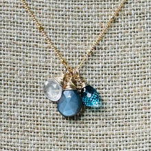 Load image into Gallery viewer, Gray Moonstone, Rose Quartz and London Blue Topaz Trio Necklace