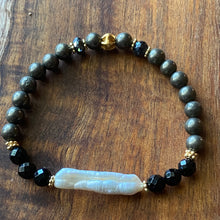 Load image into Gallery viewer, Onyx, Pyrite &amp; Pearl Bracelet