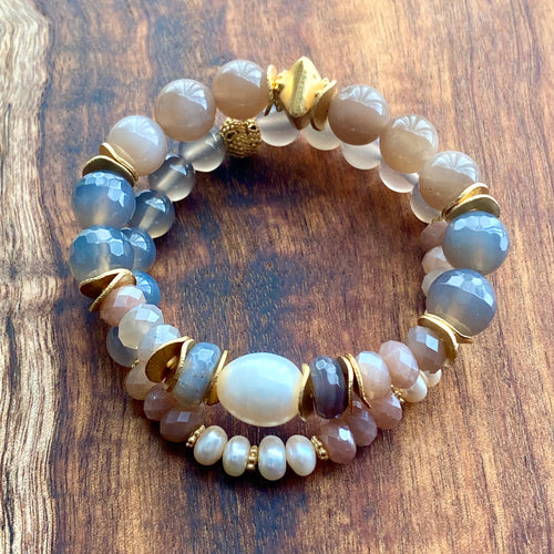 Peach Moonstone and Gold Bracelet Duo