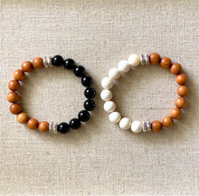 Load image into Gallery viewer, Stack of Sandalwood, Black Tourmaline, and Tridacna Bracelets