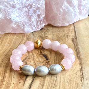 The Margaux: Rose Quartz and Freshwater Peacock Pearls Bracelet