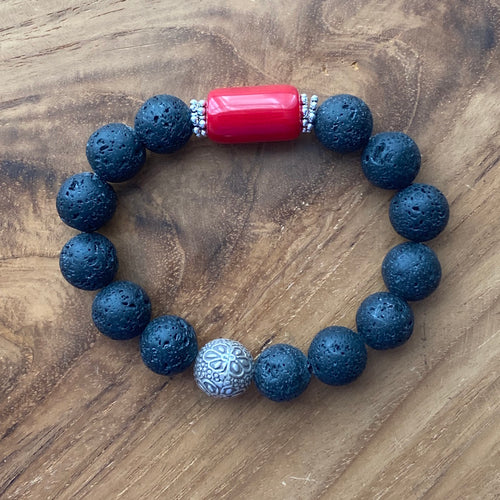 Lava Rock and Coral Bracelet