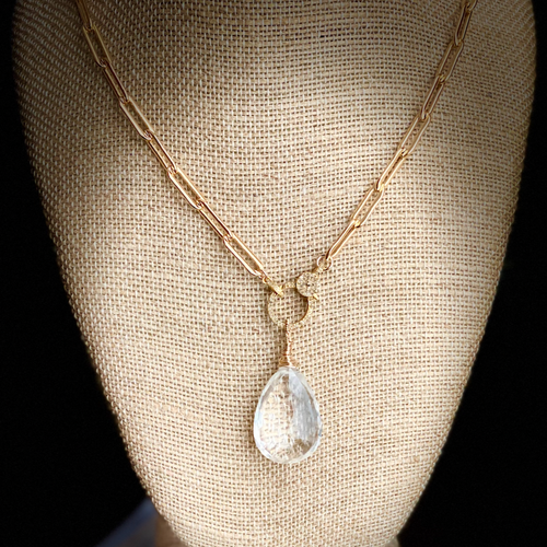 Large Clear Quartz Drop and Diamond Pave Clasp Necklace