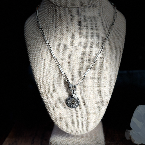 Oxidized Silver and Diamond Ohm Pendant Necklace