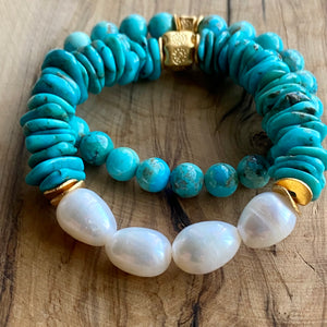 Natural Arizona Turquoise and Freshwater Pearls Bracelet Set