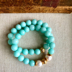 Freshwater Pearls and Tiffany Blue Jade Bracelet