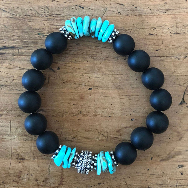 Arizona high quality Turquoise-Black Tourmaline Sterling Beaded Bracelet